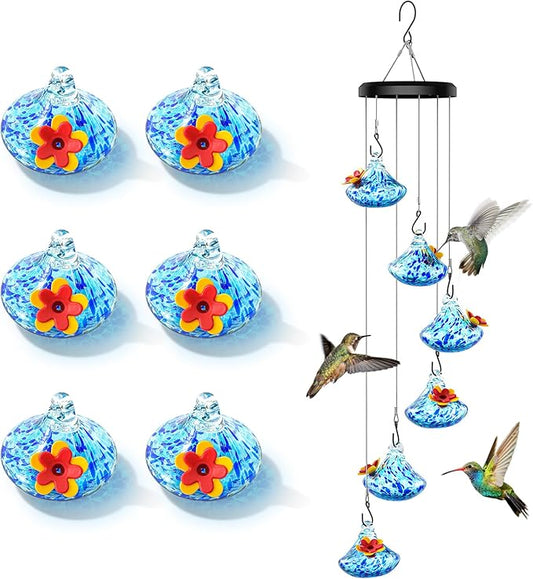 Wind Chime Glass Hummingbird Feeder - 20 Oz Outdoor Hanging Feeder with 6 Ports, Attract More Hummingbirds, Leak-Proof Design, Unique Garden Backyard Decor & Ideal Gift (Blue)