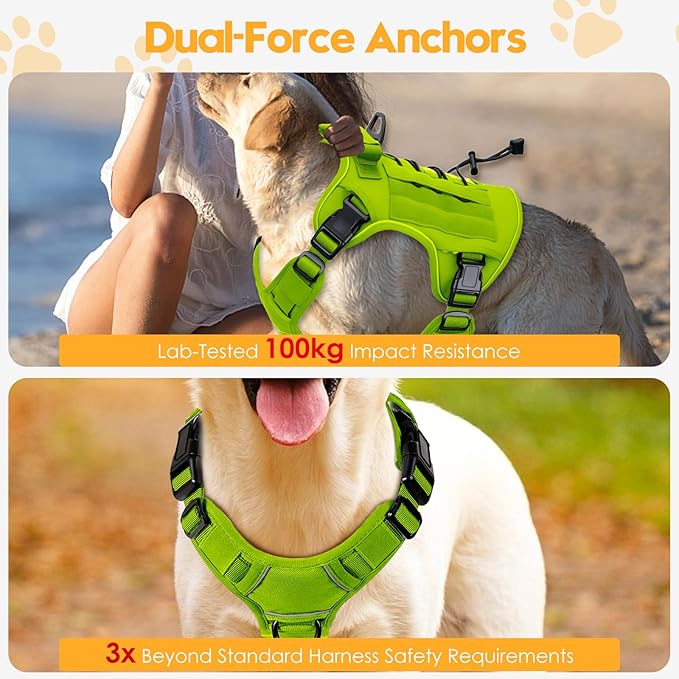 Heavy-Duty Tactical Dog Harness for Large Dogs, No Pull Adjustable Reflective Pet Vest with Molle System, K9 Military-Grade Control for Service Training, Outdoor & 10+ Breeds, Wild Lime, XX-Large