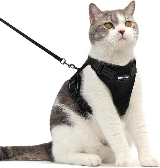 Dooradar Cat Harness and Leash Set, Escape Proof Safe Adjustable Kitten Vest Harnesses for Walking, Easy Control Soft Breathable Mesh Jacket with Reflective Strips for Cats, Black, M