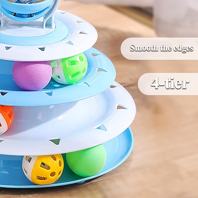 Vealind Cat Toy Roller 4-Level Turntable Cat Toys Balls with Colorful Pom Pom Balls Interactive Fun Mental Physical Exercise Puzzle Kitten Toys (Blue)
