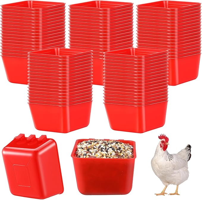 Maxdot 50 Pcs Cage Cups Chicken Feeder Cups 16 oz Hanging Bird Food Water Bowl Bunny Cage Feeding Dish for Pet Parrot Rooster Parakeet Gamefowl Poultry Pigeon(Red)