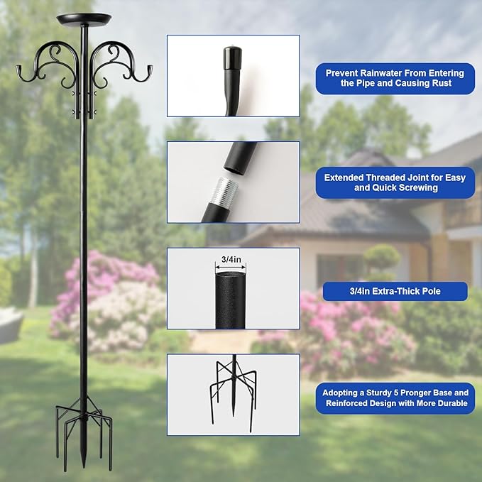 Double Shepherds Hooks for Outdoor Heavy Duty, Adjustable Shepherds Hook, 1 Pack 92 inch with 5 Prongs Base, Garden Hooks for Hanging Bird Feeders, Hanging Plants, Solar Light Lantern