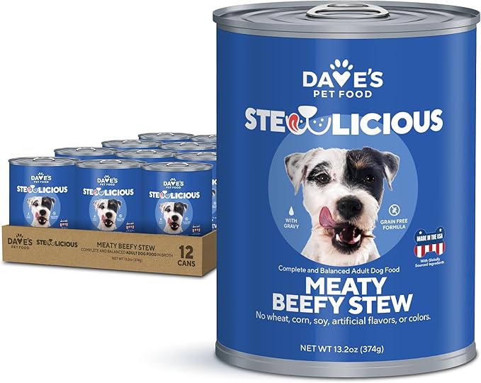 Dave's Pet Food Stewlicious Soft Dog Food Wet (Meaty Beef Stew), Made in USA Canned Topper, Gluten Free, Small to Large Breeds 13.2 oz (12 Pack)