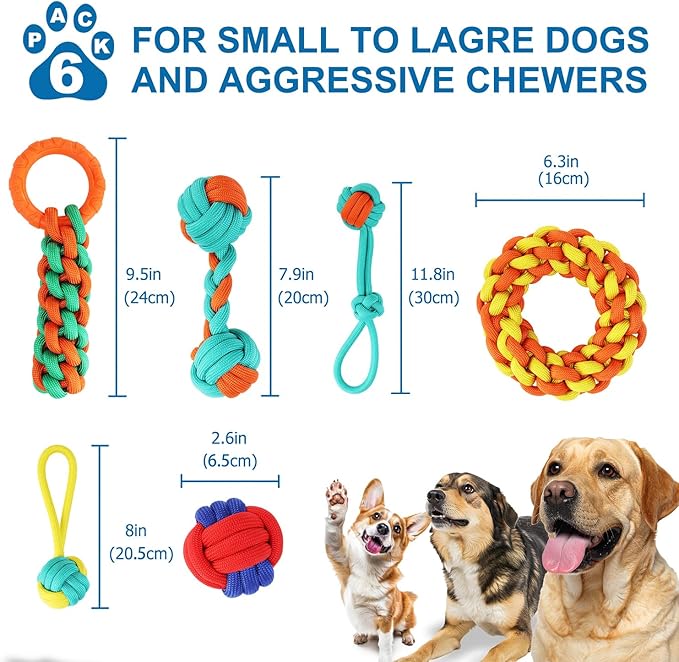 Aitmexcn Dog Rope Toys for Large and Medium Aggressive Chewers, 6 Pack Heavy Duty Dog Rope Toy for Large, Dental Cleaning Chew Toys, Tug Toy for Boredom, 100% Cotton Indestructible Pet Toy