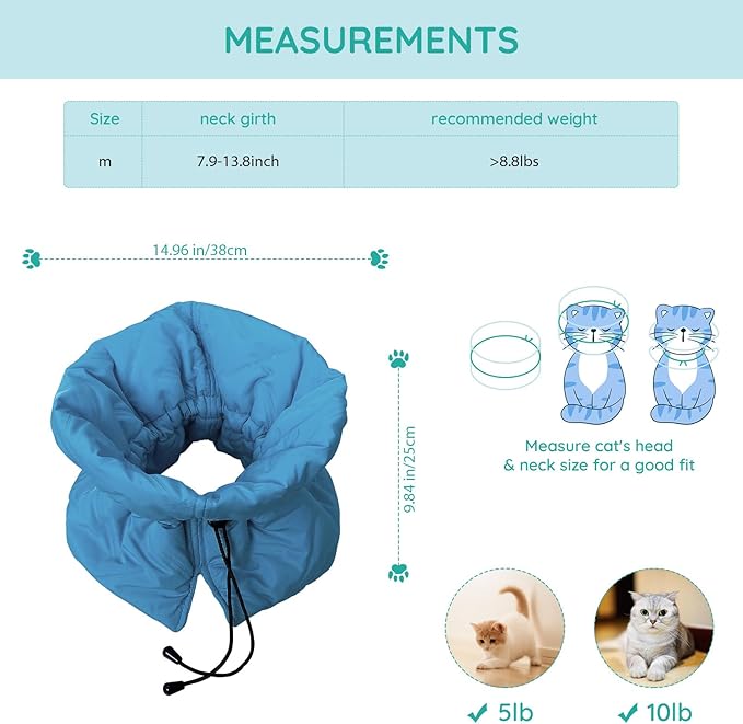 Cat Recovery Collar, Soft Adjustable Cat Cone Alternative, Lightweight Waterproof Fasteners Collars for Cats Kittens Puppies, After Surgery Stop Licking and Daily Use (Lake Blue, M(Neck7.9-13.8"))