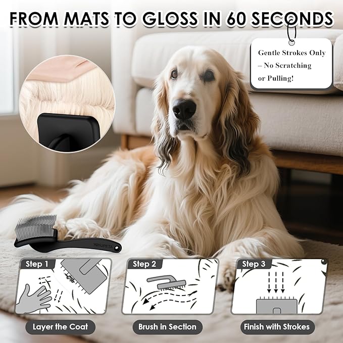 Large Dog Slicker Brush & Comb Set with Leather Sleeves - Long Pin Deshedding Brush for Golden Retrievers, Poodles, Doodles & Thick Coats, Wood Handle Pet Grooming Kit for Dogs, Cats. Black