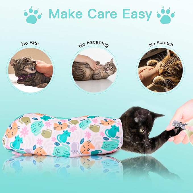 33.5" Cat Wrap for Grooming, Maximum, Self-Adherent Soft Cat Blanket for Nail Clipping, Anti-Scratch-Escape Calming Wrap, Cats Burrito Swaddle for 6-18 lbs (Green Kitten, XX Large)
