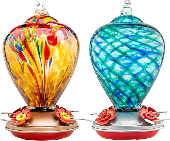 2 Packs Hummingbird Feeder for Outdoors Hanging Ant and Bee Proof, 34OZ 32OZ Hand Blown Glass Hummingbird Feeders for Outside (Yellow & Blue)