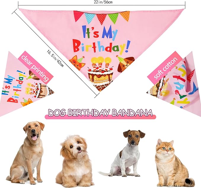 Dog Birthday Party Supplies Set,Birthday Bandana,Boy Girl Dog Birthday Hat with Numbers,Happy Birthday Banner for Golden Retriever French Bulldog Labrador Teddy Husky (Pink)