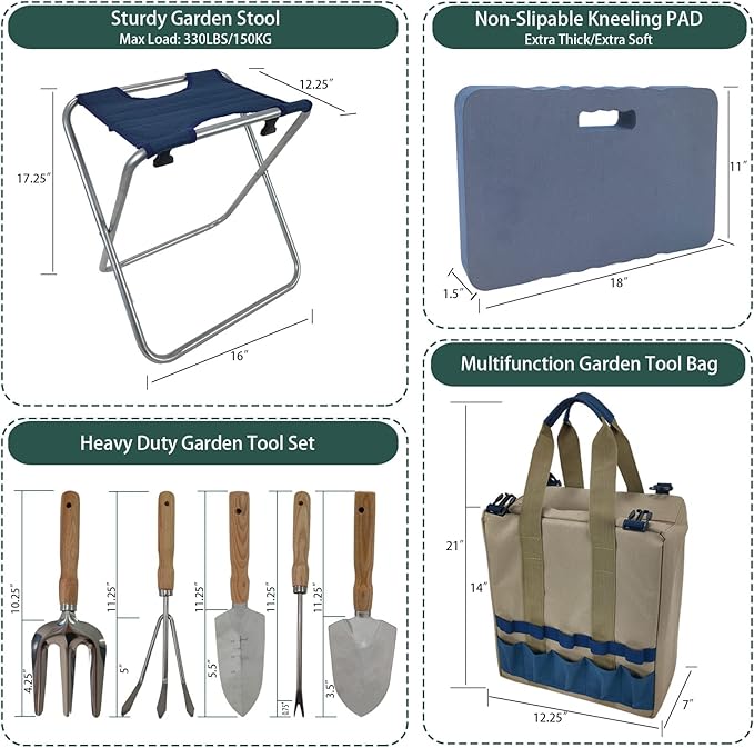 Garden Folding Gardener Stool with Gardening Tools Insulation Garden Bags Plus 5 Garden Tools and Gardening Kneeler Ideal Gift for Mother's Day/Father's Day (Navy Blue)
