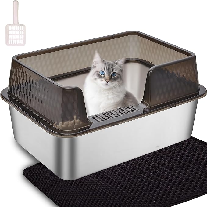 Enclosed High Sided Metal Stainless Steel Cat Litter Box with lid Scoop and Mats for Kittens or Medium Cats, Easy Clean Transparent Black Deep Tall Kitty Litter Box