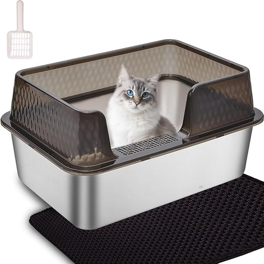 Enclosed High Sided Metal Stainless Steel Cat Litter Box with lid Scoop and Mats for Kittens or Medium Cats, Easy Clean Transparent Black Deep Tall Kitty Litter Box
