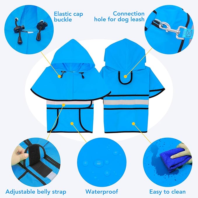 Adjustable Dog Raincoat with Hood - Waterproof Lightweight Slicker Poncho, Safety Dog Rain Jacket with Reflective Strip and Leash Hole for Small, Medium, Large Dogs (X-Large, Blue)