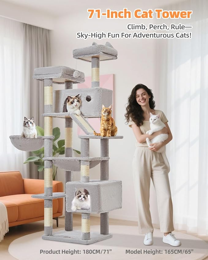 Taoqimiao Cat Tree 71-Inch, Cat Tower for Indoor Cats Large Adult, Multi-Level Large Cat Condo, 8 Sisal Scratching Posts, Metal Frame Cozy Hammock, Scratch Board, 2 Top Perches, Light Gray MS026LW