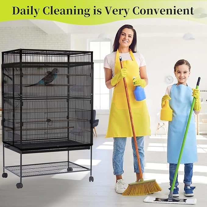 Daoeny Bird Cage Seed Catcher, Large Bird Cage Cover, Adjustable Soft Airy Nylon Mesh Net, Birdcage Cover Skirt Seed Guard for Parrot Parakeet Macaw African Round Square Cages (Black)