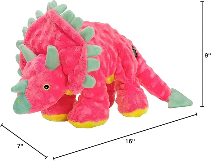 goDog Dinos Frills Squeaky Plush Dog Toy, Chew Guard Technology - Pink, Large