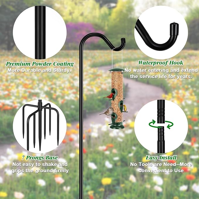FEED GARDEN Shepards Hooks for Outdoor Bird Feeder Pole 92 Inch Adjustable Tall Heavy Duty Shepherds Hooks for Hanging Plant Baskets, Solar Lights, Wedding Decor, Lanterns, Black (2 Pack)