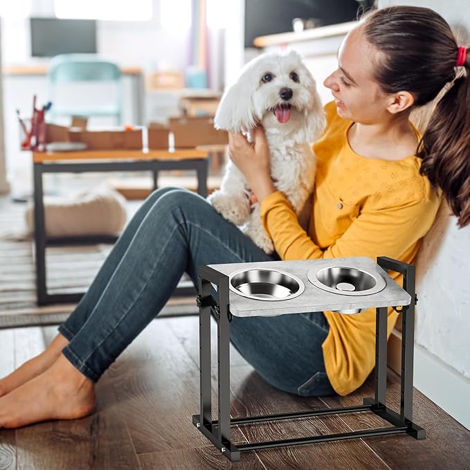 Elevated Dog Bowls for Dogs, 6 Heights Adjustable Raised Dog Bowl with Slow Feeder - 3 Stainless Steel Bowl, Tiltable Non-Slip Feeding Bowls with Metal Stand