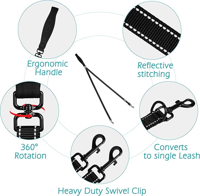 PetBonus Two Point Control Dog Leash, Works with No Pull Harnesses, No Tangle Training Leashes, Soft Padded and Reflective Walking Lead, Converts to Single Lead for Medium Large Dogs (Black)