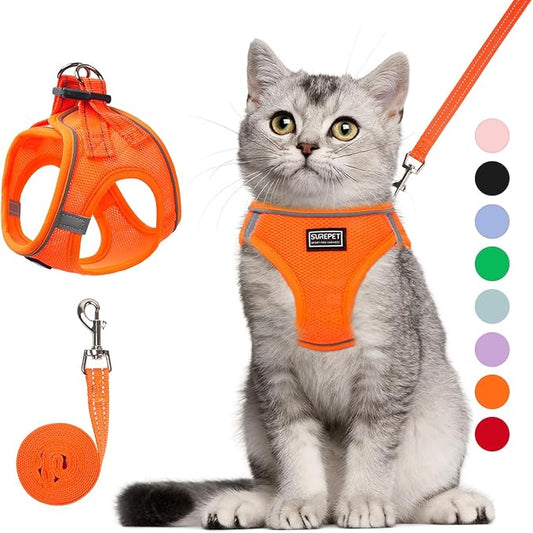Cat Harness and Leash Set, Soft and Breathable Vest with Reflective Strip, Escape Proof Kitten Harness, Easy to Wear for Cats Walking and Traveling (Orange, XXS)