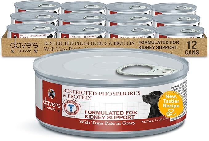Dave's Pet Food Kidney Care Dog Food (Tuna Pate), New Recipe! Wet Renal Dog Food, Low Phosphorus, Renal Kidney Support, Vet Formulated, 5.5 oz, (12 Pack)