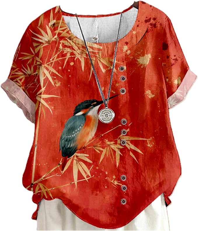 Japanese Print Women Summer Shirts Flower Bird Graphic Plus Size Tunic Tops Crewneck Short Sleeve Blouses