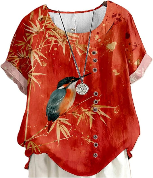 Japanese Print Women Summer Shirts Flower Bird Graphic Plus Size Tunic Tops Crewneck Short Sleeve Blouses