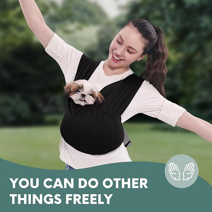 Supet Dog Sling Carrier for Small Pets, Hands Free Cat Sling, Reducing Back Neck Pain Anti-Anxiety Puppy Front, Adjustable Soft Dog Carrying (Black, Regular)