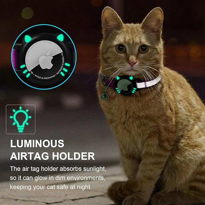 Airtag Cat Collar, Reflective Cat Collar with Apple Air Tag Holder, Breakaway GPS Tracker Pet Collar with Bell for Cat Kitten, Airtag Not Included, Purple, S(9-11 Inch)
