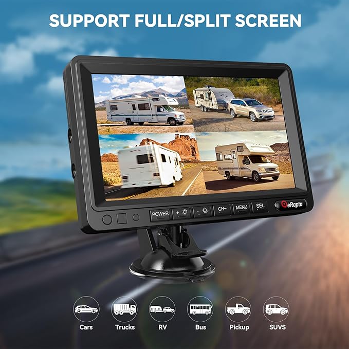 eRapta Magnetic Wireless Backup Camera Kit with HD1080P 7” DVR Monitor, Dual RV/Trailer/Truck/Tractor Cameras Wireless System, No Wiring, 9600mAh Rechargeable Battery, IR Night Vision-ACT702