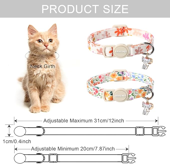 ARING PET 2 Pack Cat Collars-Cute Breakaway Cat Collar with Bell & Pendant, Adjustable Floral Pattern Female Kitten Collars with Safety Buckle for Girl and Boy Cats