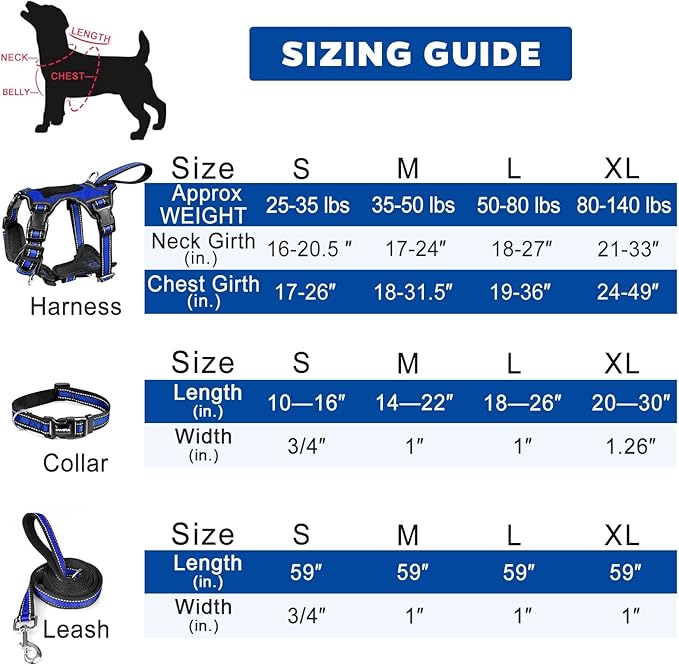 WINSEE Pet Harness Collar and Leash Set, All-in-one Reflective Dog Harness No Pull with Adjustable Buckles for Puppies, Small, Medium, Large, and Extra-Large Dogs (Medium, Dark Blue)