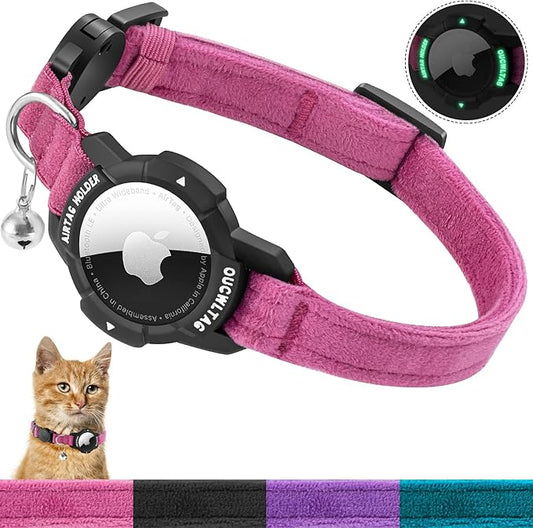 Luminous AirTag Cat Collar Breakaway, OUCWLTAG GPS Cat Collar with Apple Air Tag Holder, Cat Tracker Collars with Safety Elastic Band for Girl Boy Cats, Kittens and Puppies (Pink, 9-13 Inch)