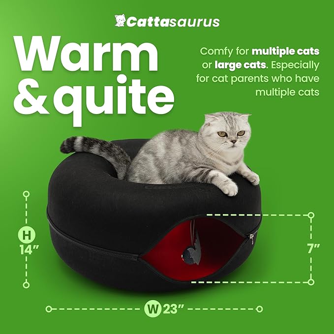 Cattasaurus Unique Peekaboo Cat Cave for Multiple & Large Cats Up to 30-45 Lbs, Scratch Detachable & Washable Tunnel Bed, Gothic Bat Donut Cat Cave (Duo Large Set)
