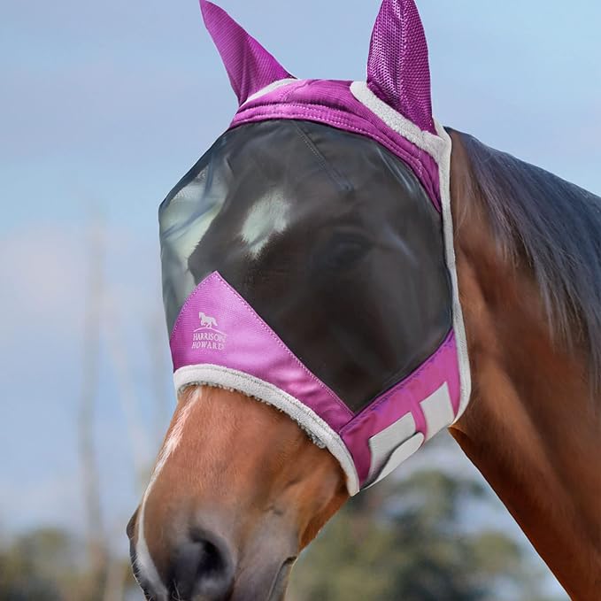 Harrison Howard CareMaster Pro Luminous Horse Fly Mask Large Eye Space Standard with Ears UV Protection for Horse Dark Magenta Full Size