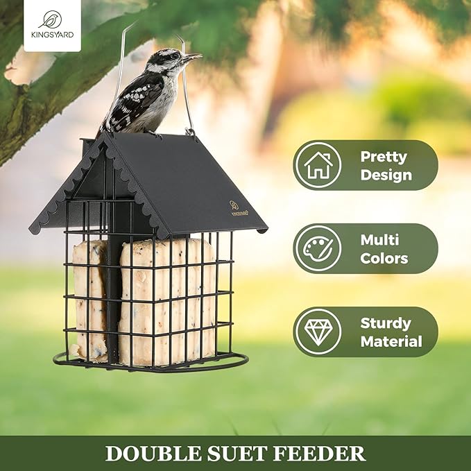 Kingsyard Double Suet Bird Feeder with Weatherproof Roof & Perch, All Metal, Suet Cakes Cage Bird Feeder for Outdoors Hanging, Easy to Clean & Refill, Black