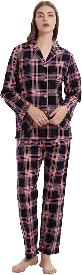 GLOBAL Flannel Pajamas for Women 2-Piece Comfy and Cozy Flannel Pj Set Cotton Loungwear