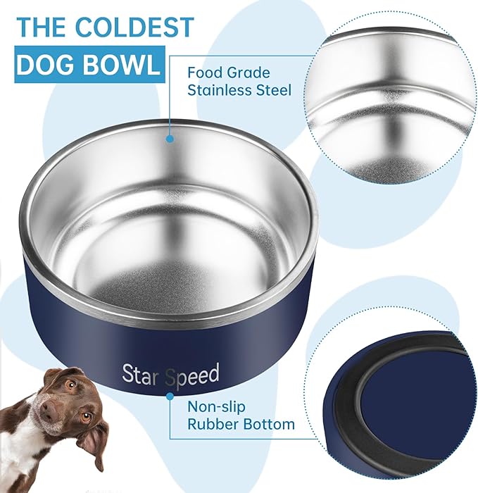 StarSpeed Stainless Steel Dog Bowl. Large Dog Water Bowl with Rubber Bottom, Drop Resistant, Keeps Cold, Holds 8 Cups (64oz, Navy Blue)