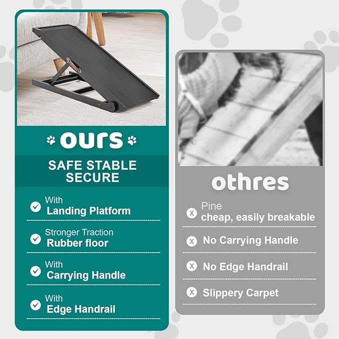 Dog Ramp for Bed, Adjustable Pet Ramps for Dog to Get on Bed, Non-Slip Rubber Surface - Folding Wooden Dog Ramp for Small/Large/Old Dogs, Adjustable up to 19.5 inch High Beds