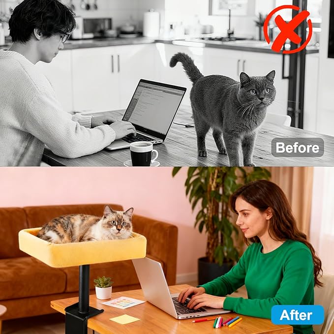 Cat Desk Bed, Sturdy Cats Bed for Desk with Washable Cover, Dual-Sided Breathable Summer & Winter, Comfortable Soft Pet Nest Bed with Reinforced Steel Frame, Easy Assembly for Home Office/Study Room