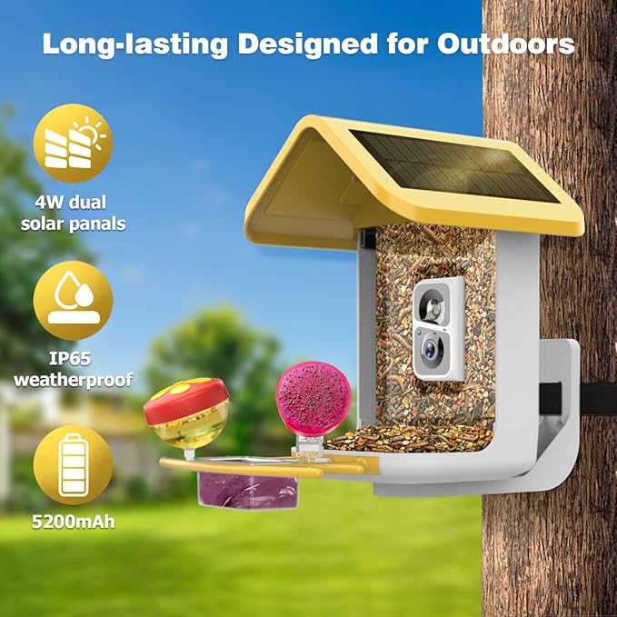 Bird Feeder with Camera: Solar Powered Smart Bird Camera Feeder 2K Live Feed for Backyard - AI Identify Auto Capture Videos, Gifts for Birdlovers Mom Dad, 2.4GHz WiFi