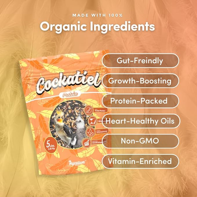 Mycelium Organic Cockatiel Protein Feed (5 LB Bag) | High-Protein, High-Fat Bird Seed for Energy, Growth, & Development | Seed & Superfood Blend for Cockatiels | Non-GMO, Made in USA