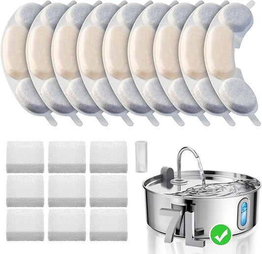 Official 9 Packs Dog Water Filter Replacement and 9 Sponges with 1 Pump Holder for 7L/236oz/1.8Gal Stainless Steel Dog Water Fountain