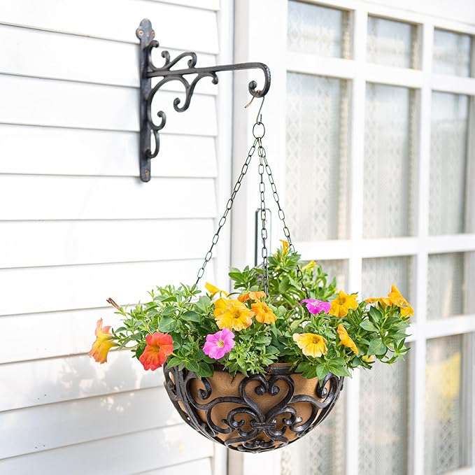 Sungmor Cast Iron Wall Hook Plant Hangers - Home & Garden Heavy Duty Hanging Bracket Plant Hooks - 2PC BLACK Decorative Wall Mount Hooks for Hanging Planter Pot Bird Feeder Birdcage Lantern Wind Chime