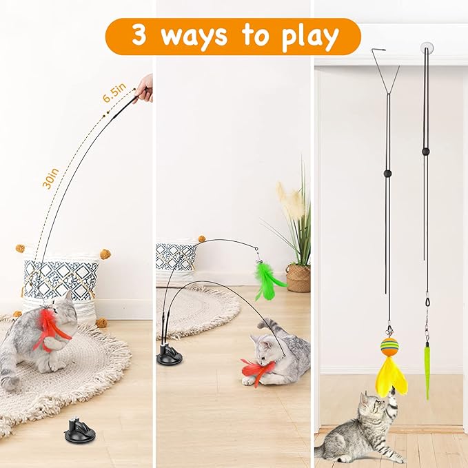 Cat Toys Wand, Interactive Cat Toy with Super Suction Cup Sticky Detachable 12 PCS Feather Replacements 2 Wands Cat Spring Feather Toys for Indoor Cats Kitten Toys (9 Toys Double Headed)