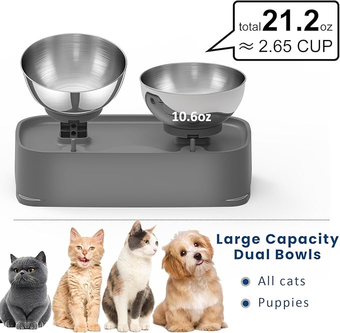 Elevated Cat Bowls, 4 Height Adjustable Cat Food Bowl Stainless Steel, Raised Dog Cats Bowls Elevated Pet Food and Water Bowl, Non-Slip Tilted Pet Feeder Anti Spill for All Cats Puppies