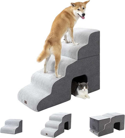 Pettycare Dog Stairs Ramp for High Beds and Couch,Curved Dog Steps for Small Pets, Pet Stairs Non-Slip Balanced Portable Puppy Ramp Indoor, 5 Steps,Grey