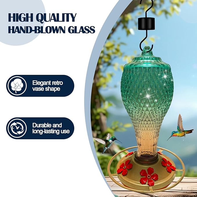 Hummingbird Feeder for Outdoors,17 OZ Glass Humming Bird Feeder for Garden,Backyard Decor,Four Flowers Feeding Ports,Leak Proof,Ant Moat Included,Humming Gifts for Mom/Women
