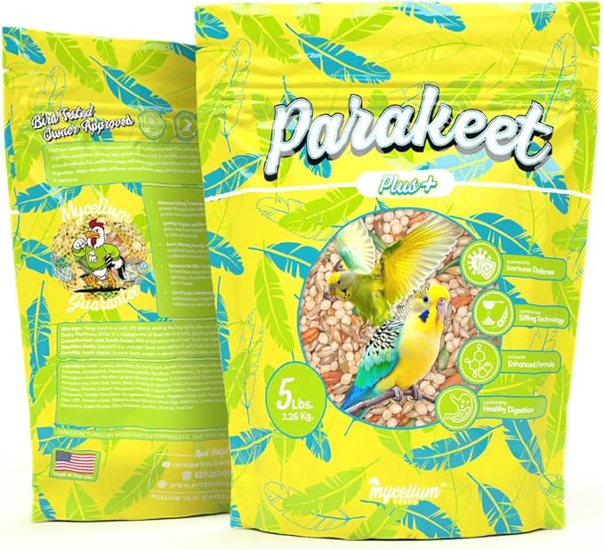 Mycelium Parakeet Plus Bird Seed (5 LB Bag) | Organic Bird Food Fortified with Vitamins for Immune & Digestive Support | Daily Nutrition for Parakeets & Budgies | Non-GMO, Clean Seed Blend | USA Made
