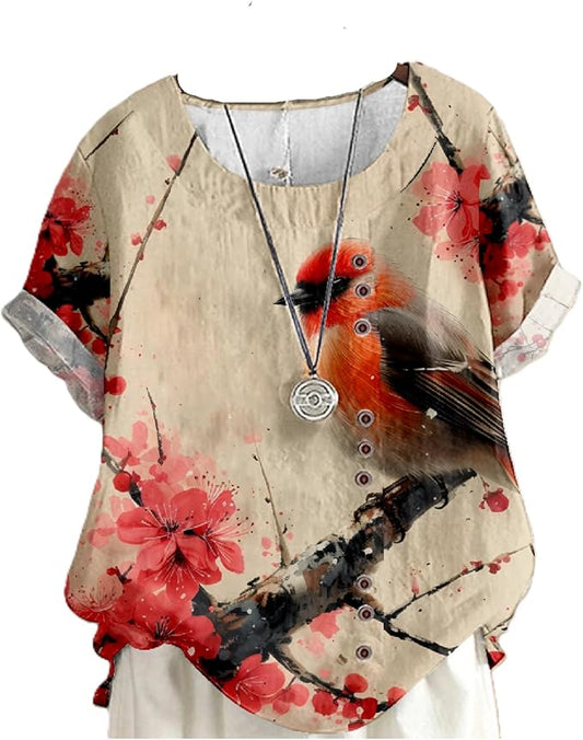 Japanese Print Women Summer Shirts Flower Bird Graphic Plus Size Tunic Tops Crewneck Short Sleeve Blouses